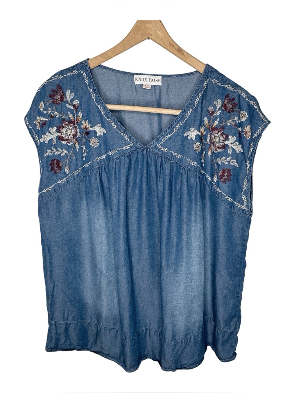 Knox Rose XXL Lyocell Chambray Top Embroidered Floral Boho Western Prairie